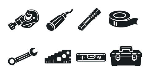 Collection of hand tool icons with wrench, screwdriver, and tape measure on gray background