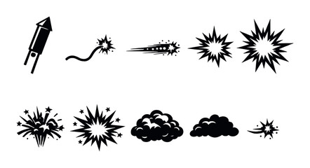 Firework rocket and starburst explosion silhouettes on dark background