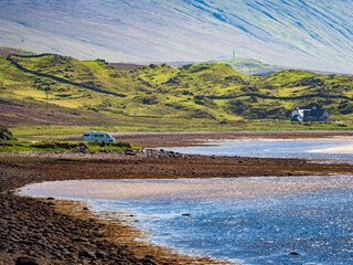 RV camper van parked scenic Scottish coast