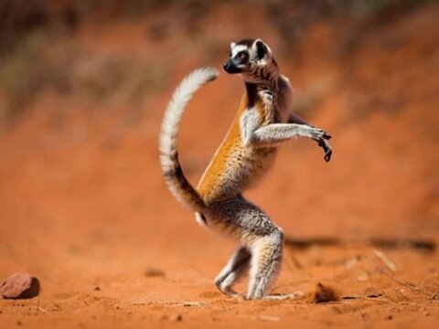 A long-tailed monkey dancing on the road. A Generative AI.