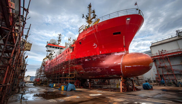 Red ship under repair at shipyard