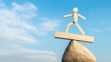 Creative balance wooden figure on pivot block as a metaphor for business adaptation in rugged terrain