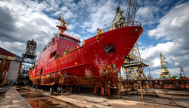 Red ship under repair at shipyard