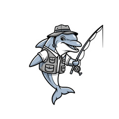 Cute cartoon shark holding a fish in a fishing net in a fun vector illustration style