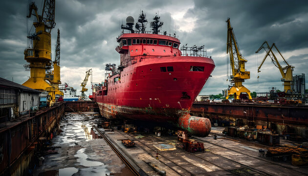 Red ship under repair at shipyard