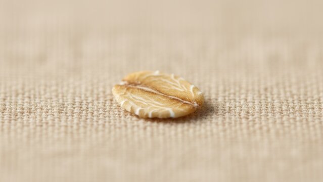 Macro image of a single raw oat flake resting on a textured beige fabric surface, ideal for health