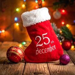 Festive red stocking on rustic wood with colorful blurred lights and ornaments for holiday ambiance