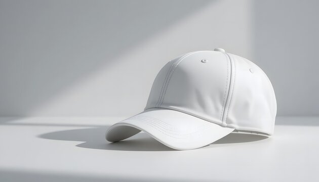 A pristine white baseball cap rests on a minimalist surface, bathed in soft natural light.. basball cap