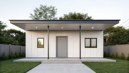 adu+housing Modern house with minimalist design, surrounded by greenery and a clear sky.
