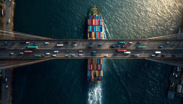 Transport concept with an aerial overhead view of a very big container super cargo ship passing under a bridge with car traffic