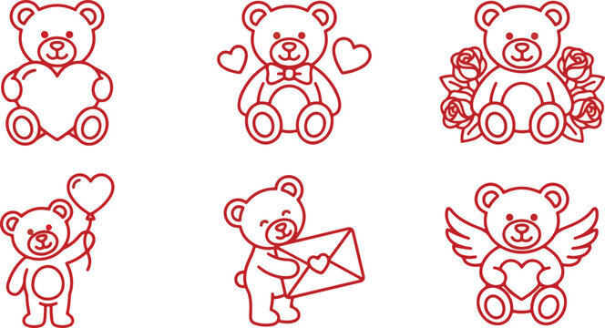  Set of Cute Red Teddy Bear Line Art Icons for Happy Valentine's Day 2026, Minimalist Vector Illustrations of Bears Holding Hearts for Romantic Design Projects
