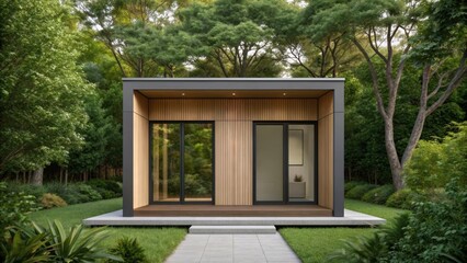adu+housing Modern minimalist cabin in a lush green forest, featuring large glass windows and wooden accents.