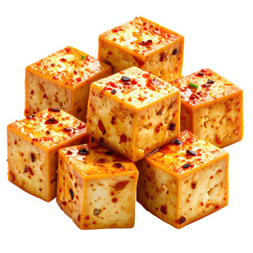 Fiery and flavorful dubu jorim tofu piece, perfectly isolated on a pristine white background for menus