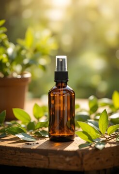 Amber glass spray bottle with organic essence on a rustic wood surface amidst lush greenery. 2 oz spray bottl