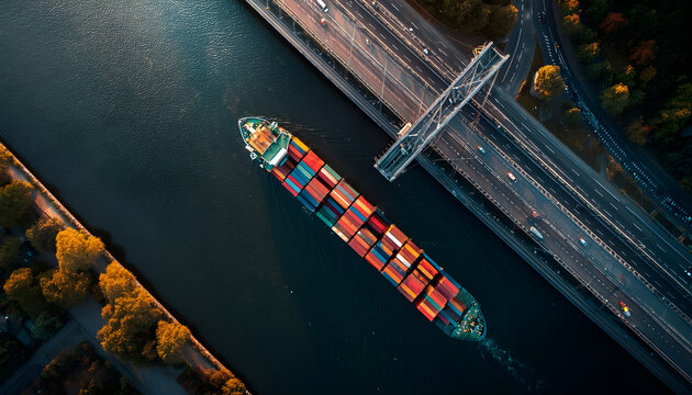 Transport concept with an aerial overhead view of a very big container super cargo ship passing under a bridge with car traffic