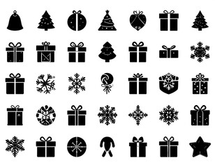 Festive silhouettes trees, gifts, snowflakes, & ornaments arranged neatly in rows on a bright, white backdrop