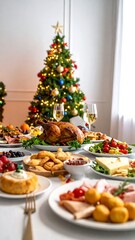 Festive spread A Christmas feast featuring a roast, sides, fruit, and sparkling drinks, with a lit Christmas tree