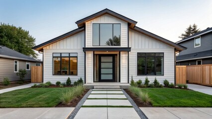 adu+housing Modern house design with a stylish facade and landscaped entryway.