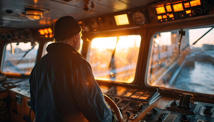 Fototapeta premium back view of captain of the cargo ship standing by the dashboard and steering wheel. russian man controls transport. concept of business, job, icon, cabin, deck.