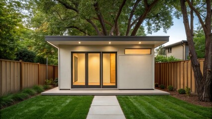 adu+housing Modern backyard studio with large windows surrounded by trees and a well-maintained lawn.