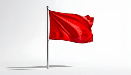 Solid red flag waving on silver pole against white background.