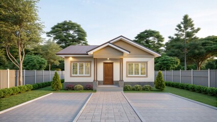 adu+housing Charming house with landscaped yard, surrounded by greenery and a paved driveway.