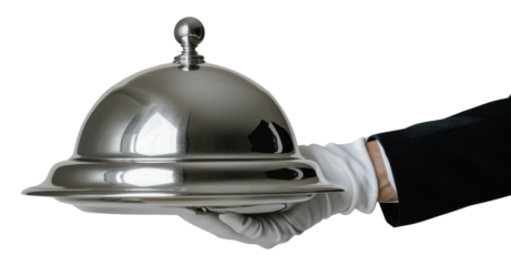 PNG Cloche lid being held by a hand service serving silver.