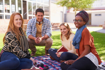 Education, friends and students outdoor for studying at university, campus or school for exam. Happy, diversity and portrait of people in college park with group project, assignment or test together.