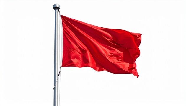 Solid red flag waving on silver pole against white background.