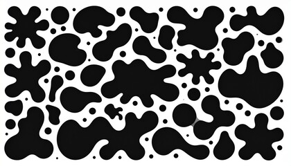 Dynamic collection of abstract black organic liquid splatters and fluid shapes, creating a versatile graphic background pattern, design element, or decorative texture