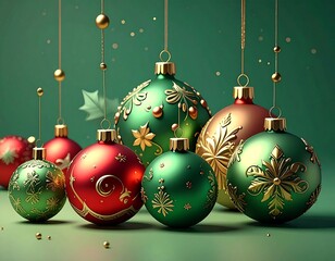 Festive scene with colorful Christmas ornaments hanging against a green backdrop with golden details and bokeh dots