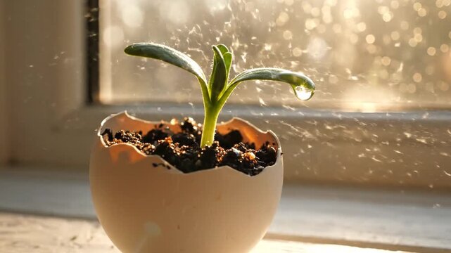 A fresh green sprout emerging from a cracked eggshell, resting on a wooden surface by a sunlit window, with droplets of water glistening in the background