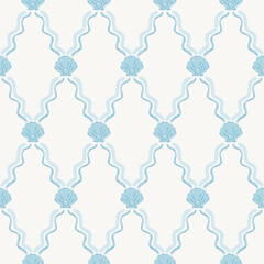 Blue vintage seashells seamless pattern, abstract geometric tile pattern.