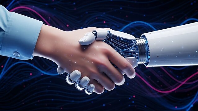 Human hand shaking robotic hand with futuristic background - Powered by Adobe