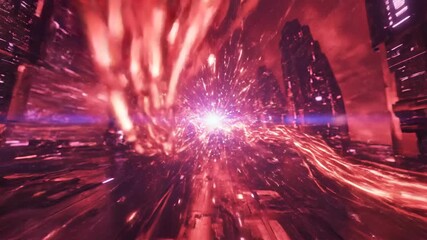 Abstract red energy flowing through futuristic cityscape - Powered by Adobe