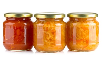 Three glass jars with gold lids containing orange jam or honey