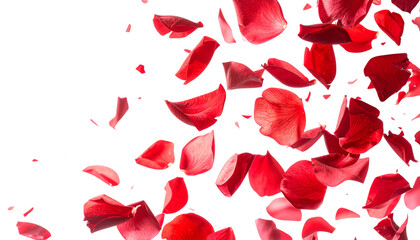 Fototapeta premium Beautiful red flower petals arranged in a heart shape on a white background