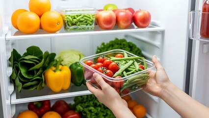 Hands holding a container of vegetables in a refrigerator filled with fresh produce
