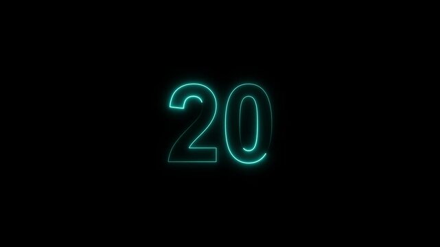 neon number 20 glowing on a black background, digital countdown timer element, vibrant futuristic typography	