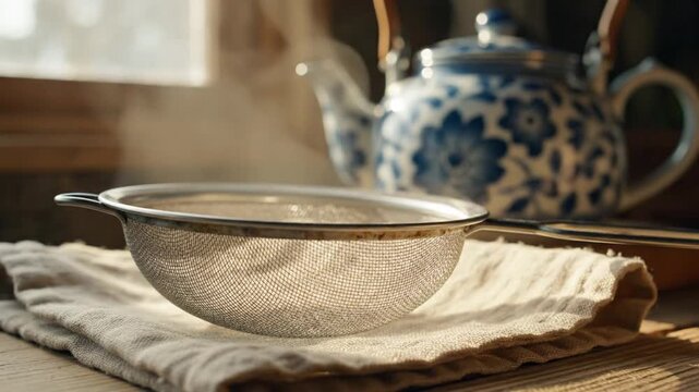 A steaming metal strainer sits on a rustic cloth, with a background of a cozy kitchen featuring a blue and white teapot, sunlight filtering through a window, creating a warm atmosphere
