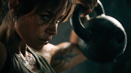 woman in gym focuses on lifting kettlebell with effort. She is sweaty and determined, showcasing her strength during intense workout session