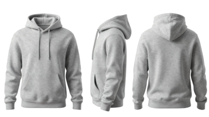 Triple view heather gray hoodie mockup front side and back views on black background