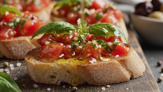Freshly prepared bruschetta topped with diced tomatoes, basil, and olive oil on rustic wooden serving board, with olives in the background creating a vibrant culinary scene