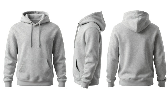 Triple view heather gray hoodie mockup front side and back views on black background