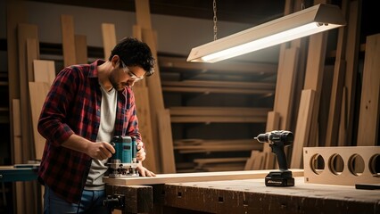 Focused craftsman wearing safety glasses precisely routing a long wooden plank in a dimly lit workshop