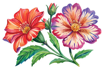 Obraz premium Blooming red and purple flowers with leaves