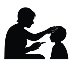 Silhouette of woman checking child's temperature