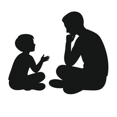Silhouette of man and child sitting and talking