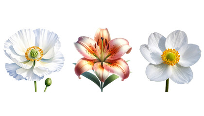 Obraz premium A set of flowers and foliage on a white background