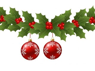Christmas holly leaves and ornaments isolated on white background